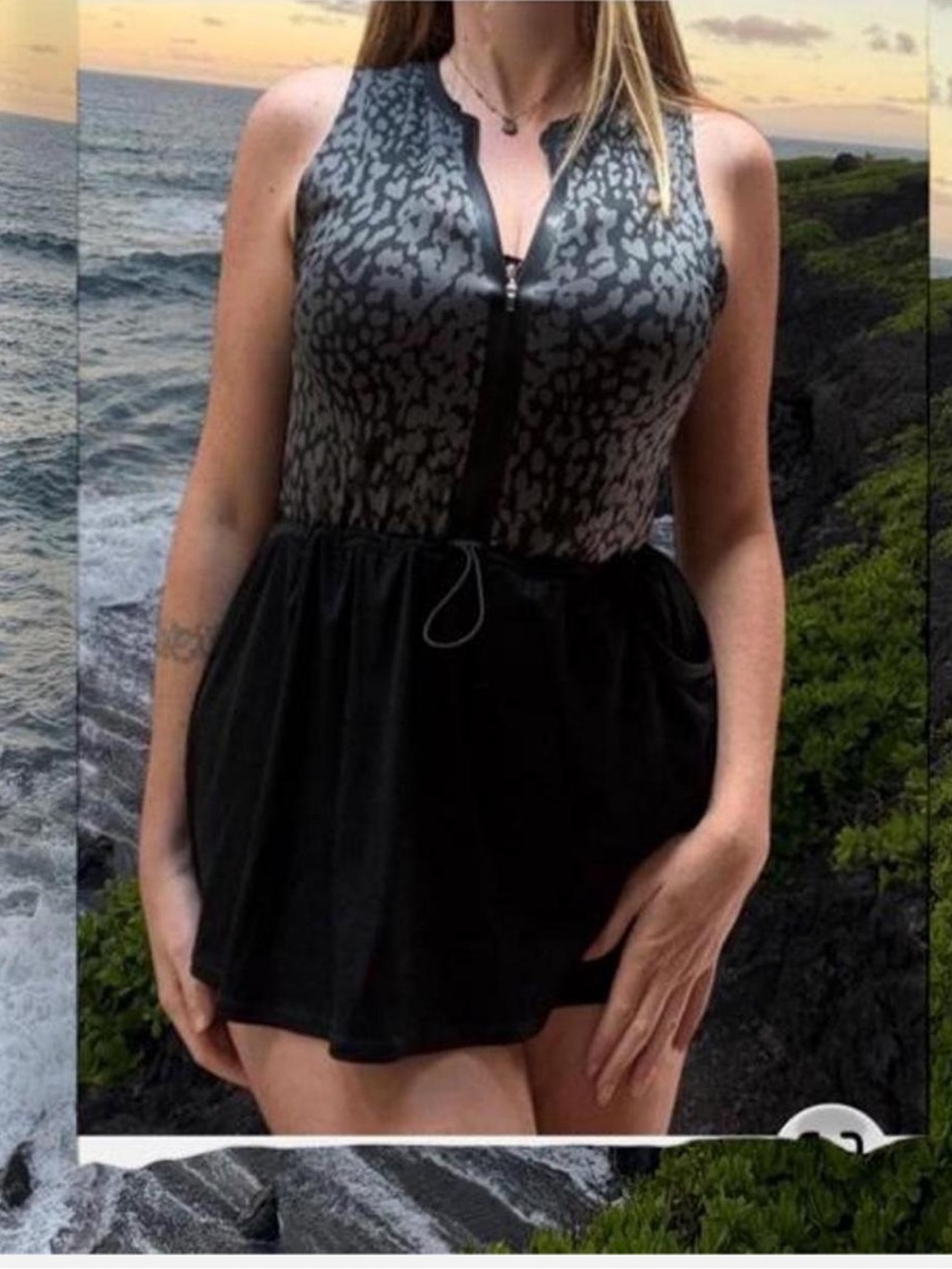Varley Small Black Animal Print Zip-Front Swimdress